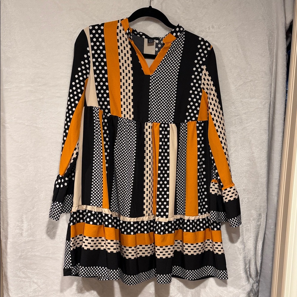 SHEIN Long Sleeve Dress in Black, White, and Orange